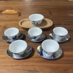 煎茶椀5　湯冷し1 有田焼栄山窯　秀夆堂茶托5 小判盆セット