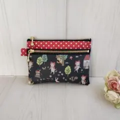 ネコ＆柴犬の赤ずきんごっこ×赤ドット　ミニダブルファスナーポーチ カード入れ