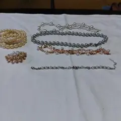 パールネックレスブレスレットブロ-チセット