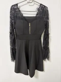 ブラック レース長袖 フレアドレス L