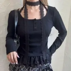 レース装飾 長袖カットソー ブラック　philly wego