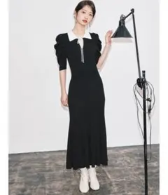 LILY BROWN 配色カラーニットワンピース 黒×白 膝下