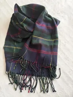 チェック柄フリンジマフラー ネイビー