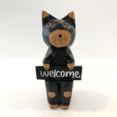【美品】アジアン雑貨 バリ猫 木彫り黒猫 ウェルカムボード アンティーク