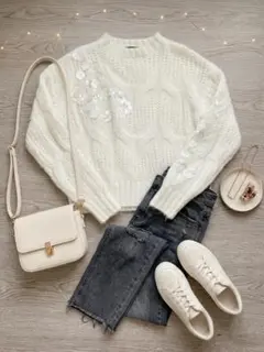 SHEIN XL anewsta ホワイト スパンコール装飾 ケーブルニット