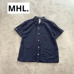 MHL. コットンリネン半袖バンドカラーシャツ 紺 II ゆったり洗える