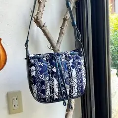 革と古布のパッチワークオーバルショルダー（ネイビー革と浴衣地） 01019-04