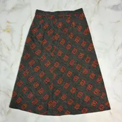 レトロ幾何学柄 ウール混 台形スカート グレー×レッド