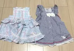 80cm クーラクール ワンピース 2枚セット チェック ブルー リボン フリル