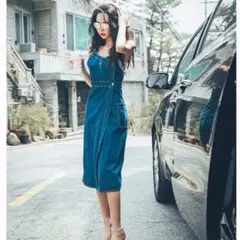 新品 デニム ミドル丈 タイト オールインワン スカート スリット ブルーM