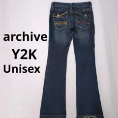 Y2K平成フレアブーツカットデニムパンツ /ヒゲ/刺繍/M/Unisex