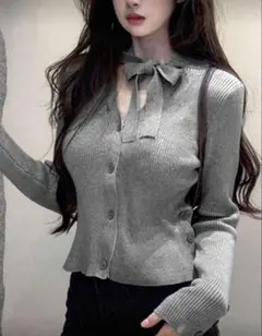 リボン付きグレーリブカーディガン