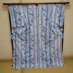 青と白のストライプ 浴衣 トンボ模様、着物でもOK