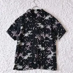パラスパレス インディゴ花柄の半袖シャツブラウス サイズ2綿100