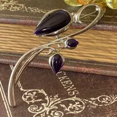 大振り　パープルカラーストーン　ボタニカル　ヴィンテージ ブローチ