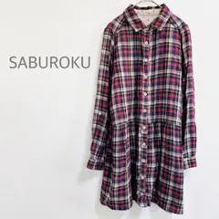 サブロク　チェックシャツ　ワンピース　コットン100% M レッド　ネイビーのサムネイル