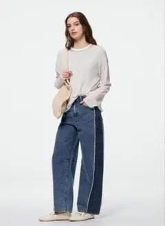 【低身長向け補正すみ】2トーンバレルレッグジーンズ 66 BLUE　Sサイズ