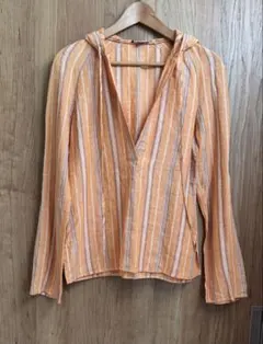 theory リネン100% オレンジ ストライプ フード付き長袖シャツ 2