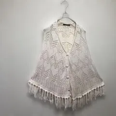 【INGNI】イング　アイボリー レース編み ストール ポンチョ フリンジ付　M