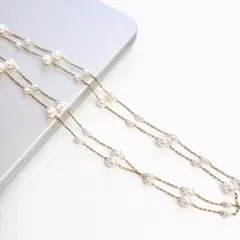 パール風 ステーションネックレス 2連 ゴールド 華奢 シンプル