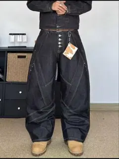 ヴィンテージ加工 ワイドデニムパンツ バギーパンツ ストリート swag 
