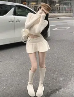 【DAZY】リブ編みタートルネックセーター+スカート(×セットアップ)