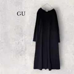 GU ジーユー リブ Aライン ワンピース 長袖 ブラック S ポケット付き