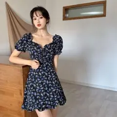 ワンピース 夏 韓国 花柄 半袖 オフショルダー スカート ゆるかわ 青