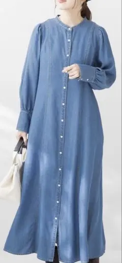 デニムブルー 長袖シャツワンピース