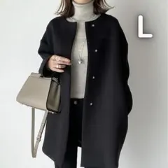 コート アウター 黒 ブラック レディース ノーカラーコート 上品 Lきれいめ