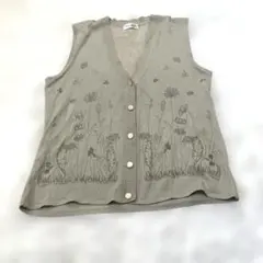 刺繍ニットベスト 花柄 ベージュ Vネック レトロ 古着女子 M L y2k