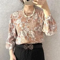 ヴィンテージ レトロ古着 ノーカラー花柄ブラウス 長袖 総柄　くすみピンク系