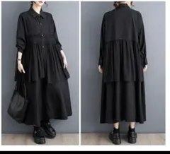 REBESA 【新品】イタリア製 シャツワンピース ブラック ロング丈フリル