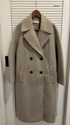 ベージュ ウール混合 ダブルブレストコート　ZARA