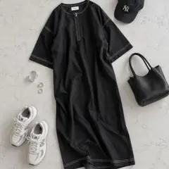 ARCH&LINE XL ステッチ ワンピース 黒 ゆったり 半袖 体型カバー
