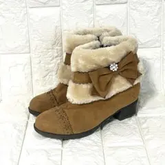 ❤️21cm❤️ファーブーツ リボン ビジュー付き キッズ レディース ブラウン
