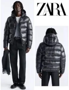 ZARA ブラック フード付きダウンジャケット Lテカテカダウン