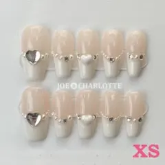 No.49 M ジェルネイルチップ ハート パール フレンチ クリーム色 ピンク