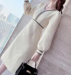 Lサイズ ワンピース レディース おしゃれ 通勤ミモレ ホワイト 春 秋 冬