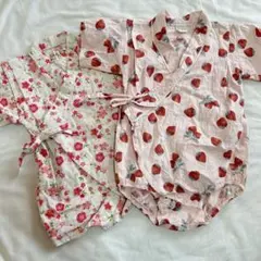 70cm 甚平ロンパース 女の子ベビー 2枚セット ピンク 花柄 いちご柄 半袖