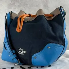 ✨美品✨コーチ　ショルダーバッグ　巾着　デニム×レザー　ブルー