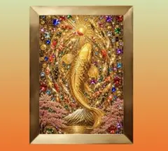 黄金の「昇鯉」が天光を招き、七彩の宝石が幸運を煌めかせる　額縁付きグラフィック