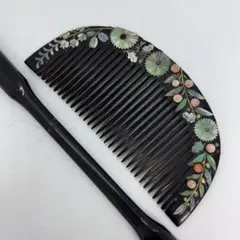 050217 アンティーク　本漆　螺鈿尽くし　萩尾　菊　象嵌赤珊瑚　かんざし　櫛