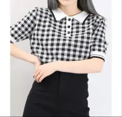 半袖ポロニット ギンガムチェック　半袖ポロニット ショート丈 クロップド丈