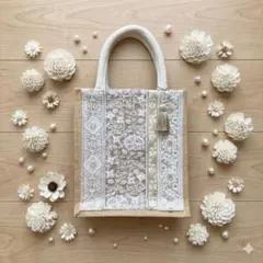 ハンドメイド　⑥ホワイト系インド刺繍リボンジュートバッグ♡