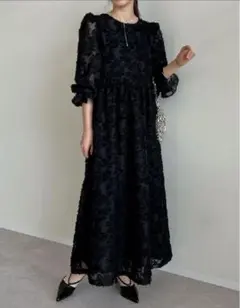 フラワー刺繍 ロングワンピース　結婚式　黒　M