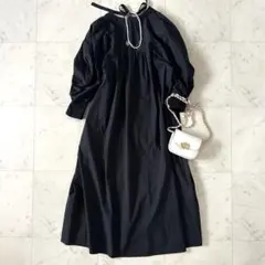 美品＊ヨリ コットン パフスリーブワンピース 2way ボウタイ 黒 ブラック