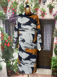 194新品 裏起毛 暖か♪ オフタートル ニットソーワンピース (NV×OR)