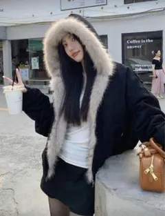 ファー フード クロップド ジャケット ブルゾン アウター 黒