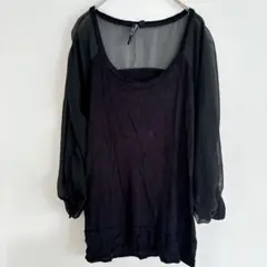 ブラック 長袖 シフォン 異素材 シースルー ブラウスクルーネック ゆったり